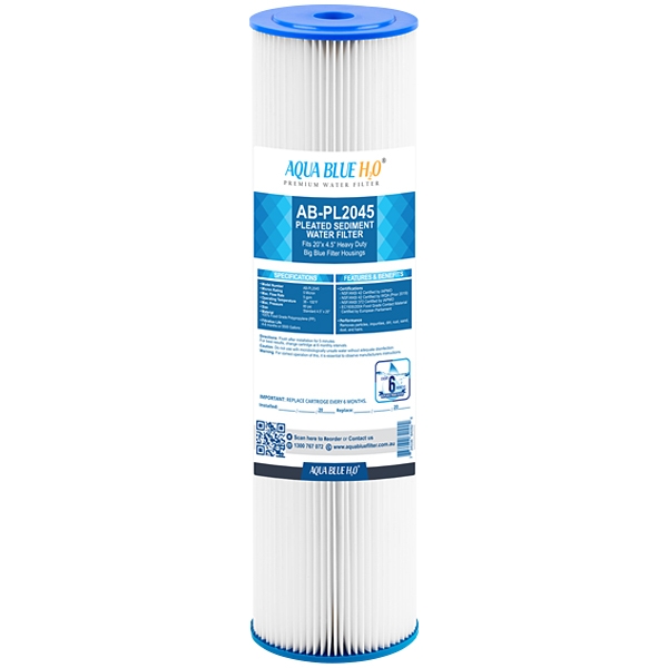 Aqua Blue H20 20x4.5 Pleated Sediment Wholehouse cartridge - 10Mic ABPL2045-10M