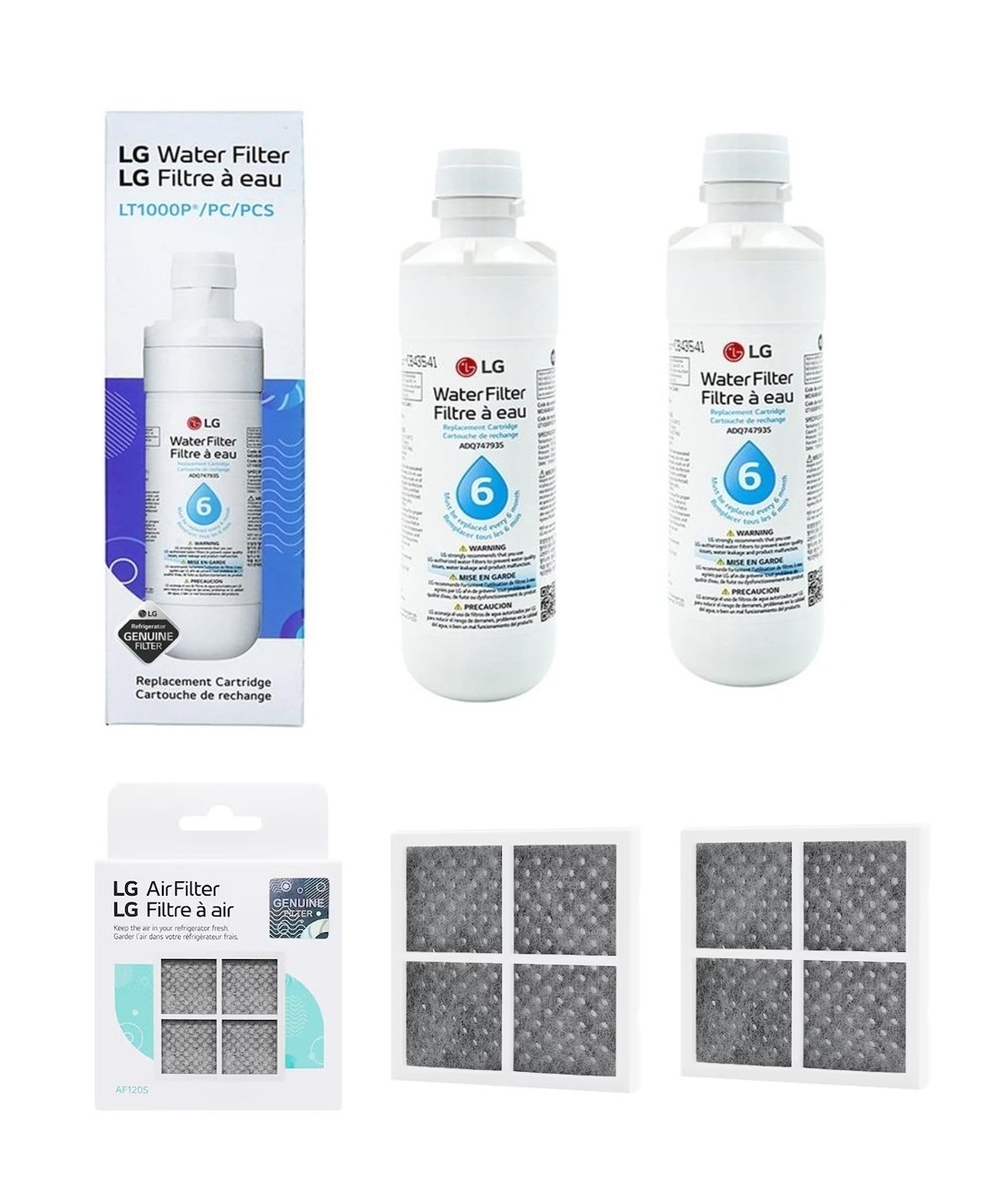 2x LG LT1000P MDJ64844601 ADQ74793501 water filter with 2x LG fridge air filter LT120F ADQ73334008