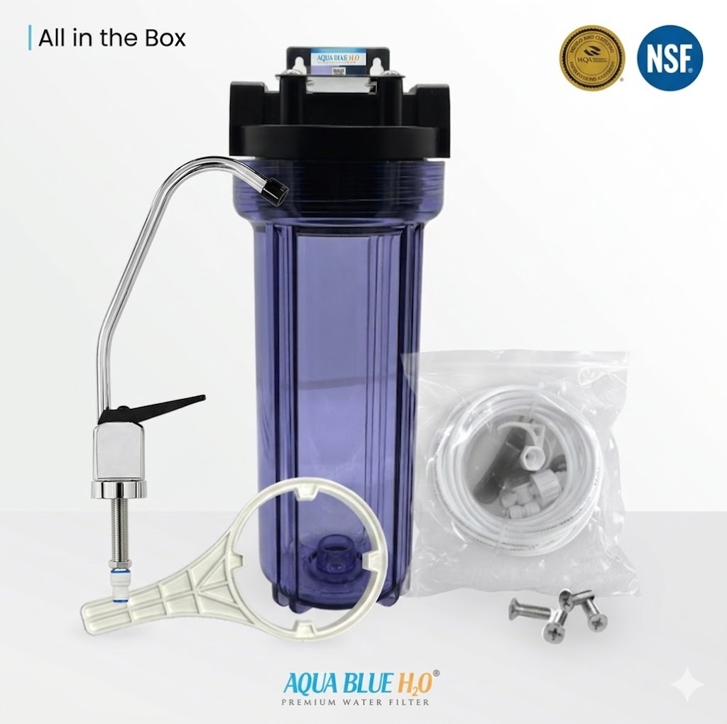 10" Clear Big Blue Filter Housing 5 Mic PP Sediment Water Filter, Reverse Osmosis Faucet, Connection Kit Set