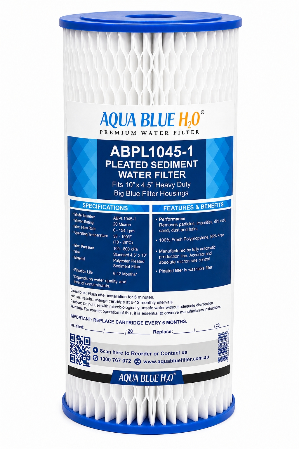 10" x 4.5" Whole House Big Blue Pleated Sediment 1 Micron Water Filter Replacement Cartridge